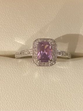 Elegant Purple Halo Solitaire Ring with Pavé Band. Size 7